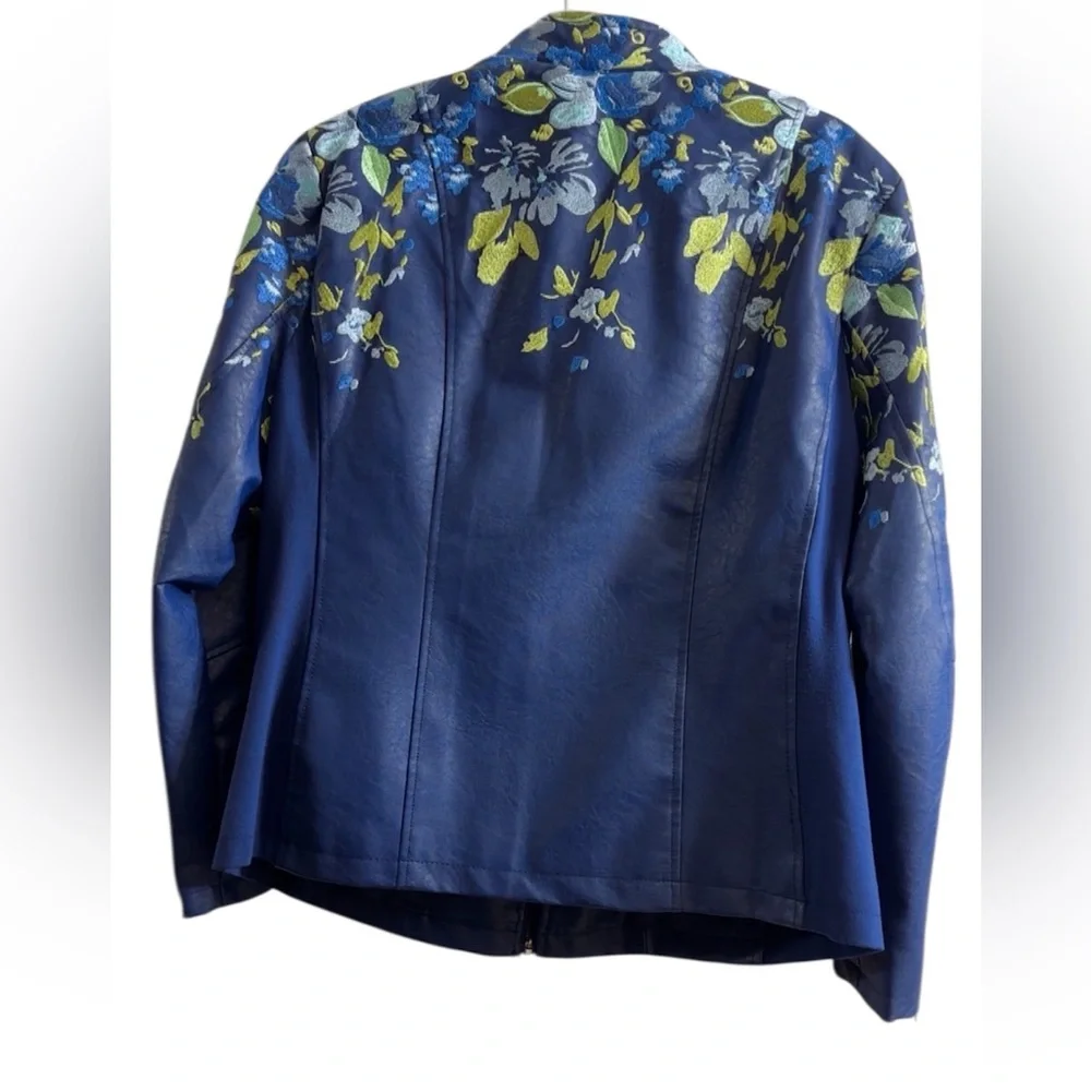 Colleen Lopez navy blue embroidered floral faux leather moto jacket Size XL - Picture 5 of 11
